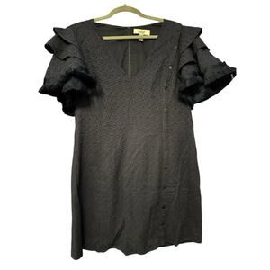 BELLE BADGLEY MISCHKA NAVY BLUE RUFFLE SLEEVES EYELET COTTON DRESS SZ 14